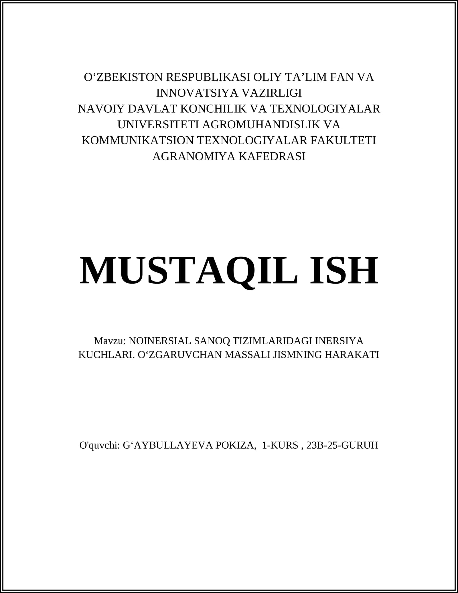NOINERSIAL SANOQ TIZIMLARIDAGI INERSIYA KUCHLARI