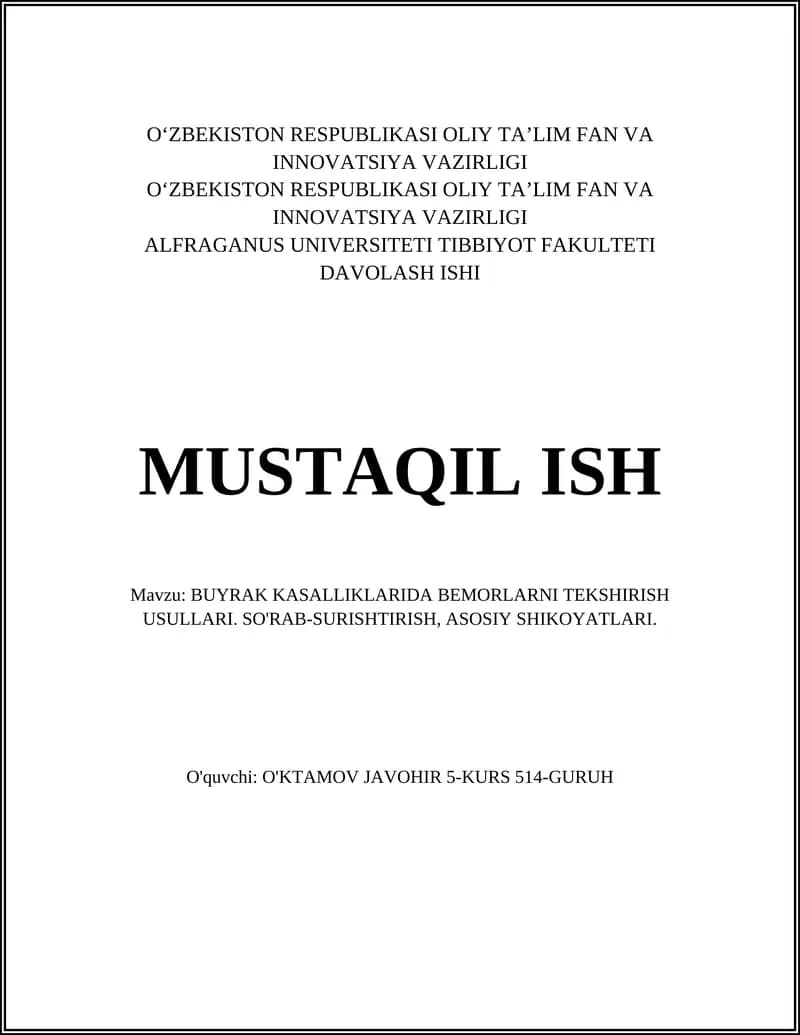 BUYRAK KASALLIKLARIDA BEMORLARNI TEKSHIRISH USULLARI