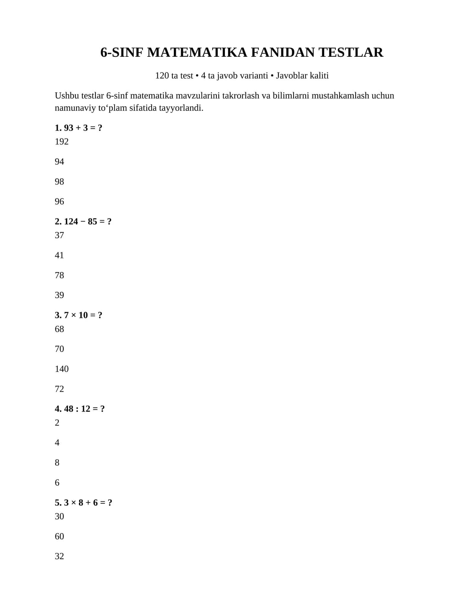 6-sinf matematika fanidan 120 ta test + javoblar