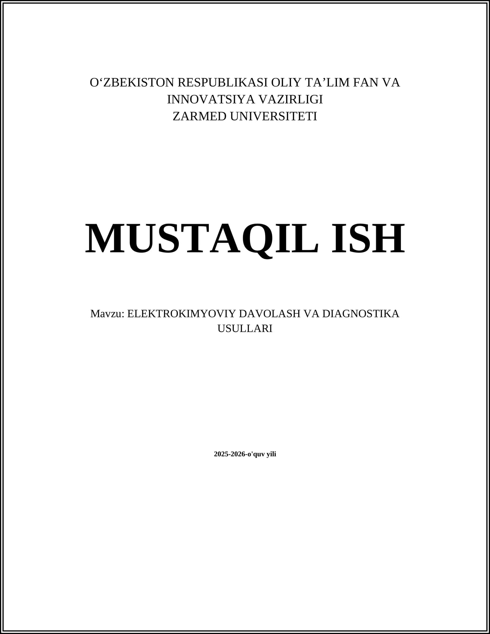 ELEKTROKIMYOVIY DAVOLASH VA DIAGNOSTIKA USULLARI