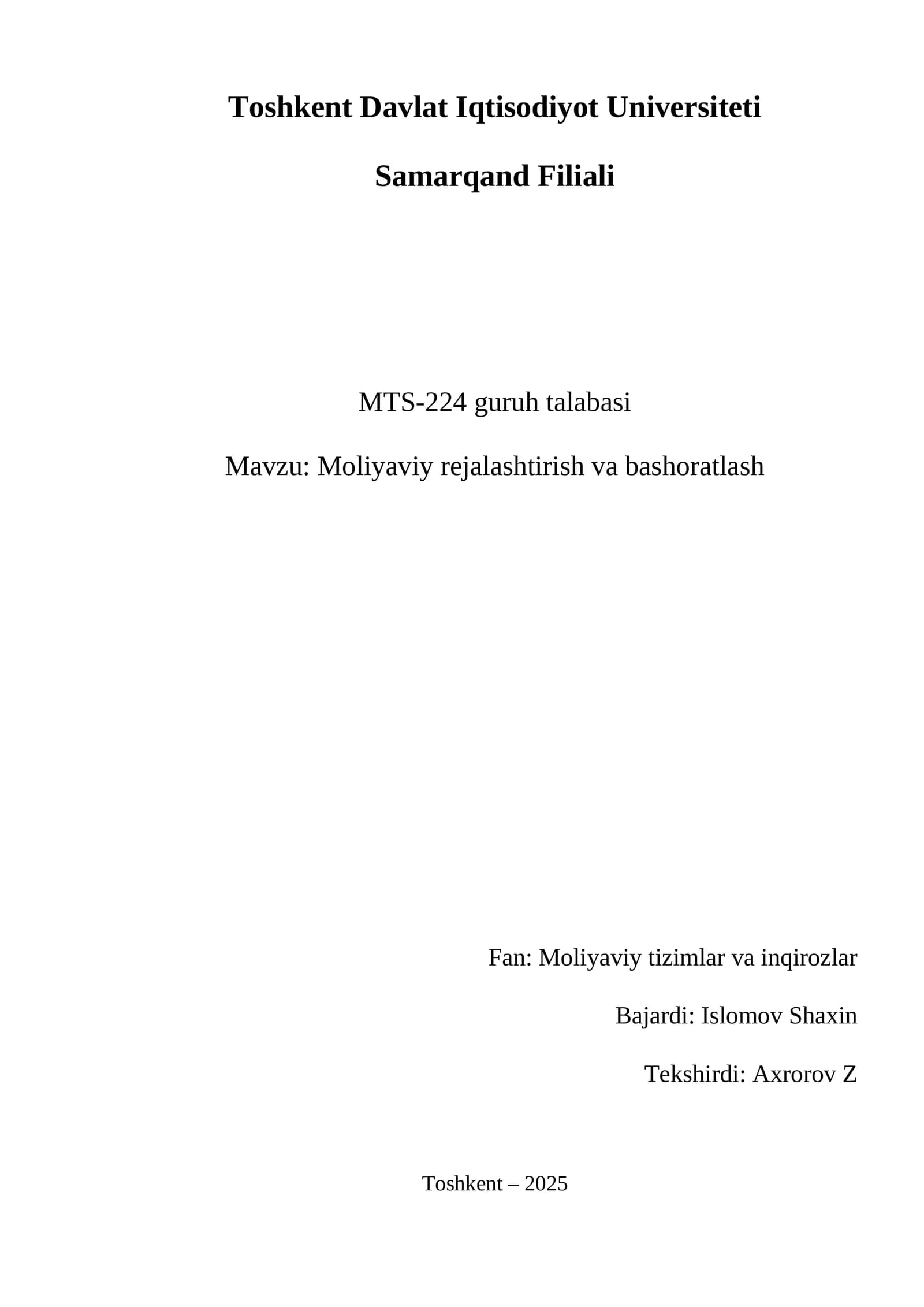 moliyaviy rejalashtirish va bashoratlash