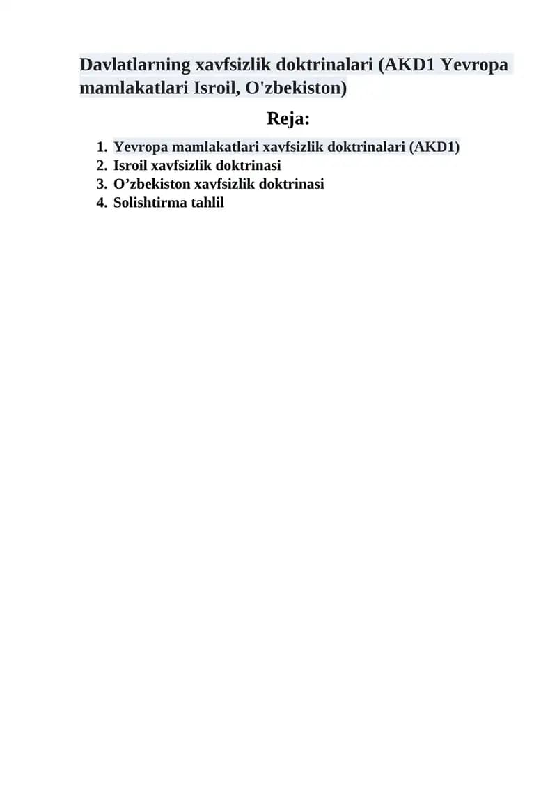 Davlatlarning xavfsizlik doktrinalari (AKD1 Yevropa mamlakatlari Isroil, O'zbekiston)