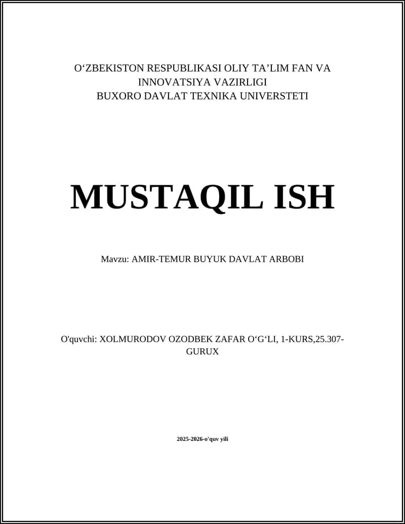 AMIR-TEMUR BUYUK DAVLAT ARBOBI