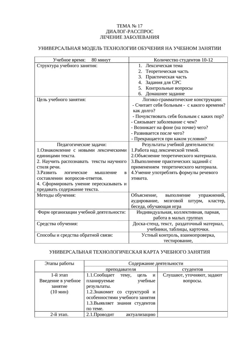 Универсальная модель технологии обучения на учебном занятии