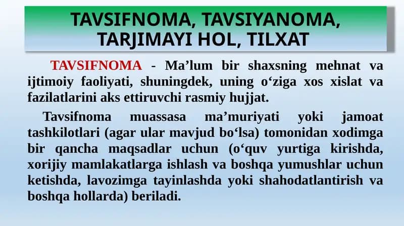 TAVSIFNOMA, TAVSIYANOMA, TARJIMAYI HOL, TILXAT