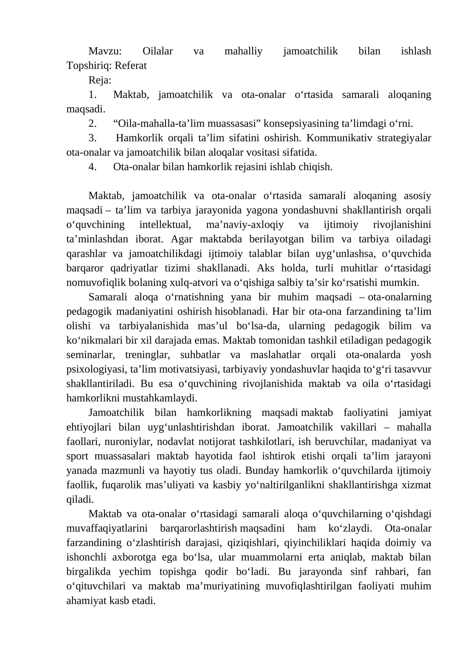 Oilalar va mahalliy jamoatchilik bilan ishlash