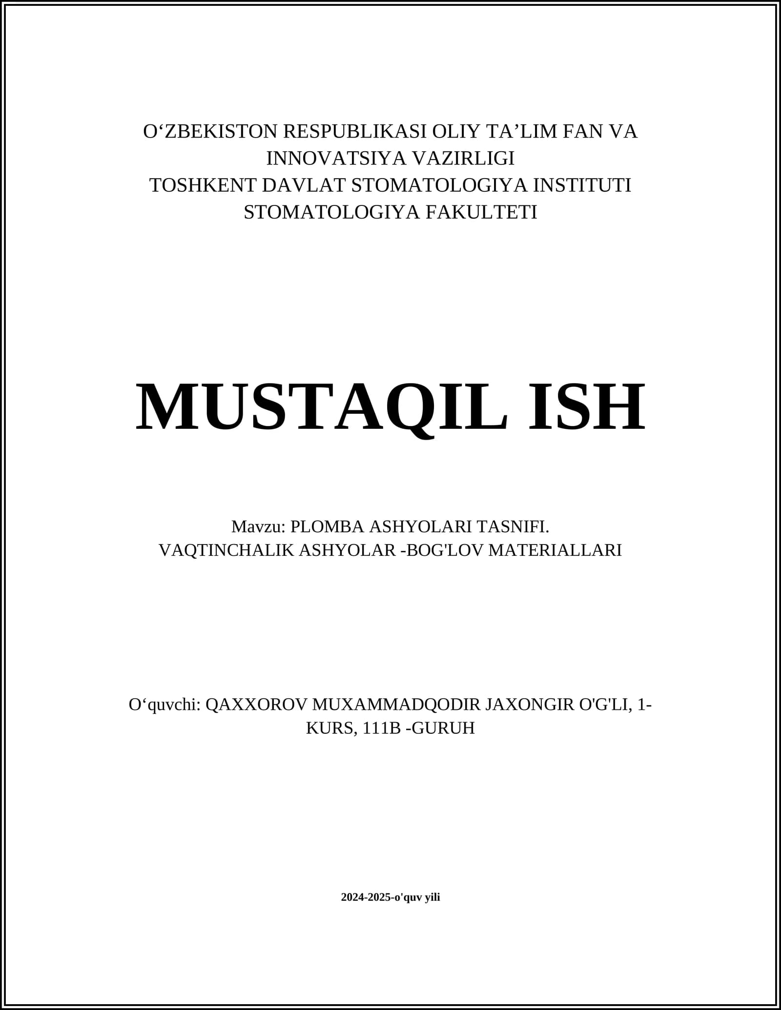 PLOMBA ASHYOLARI TASNIFI
