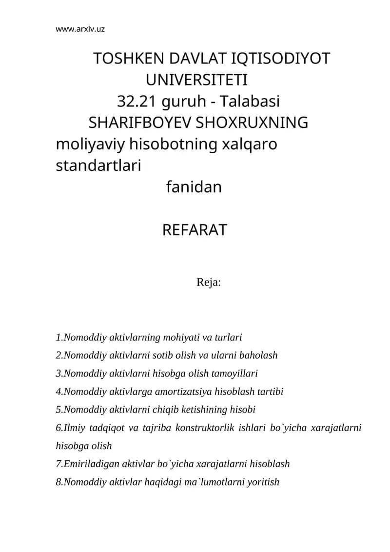 Nomoddiy aktivlarning mohiyati va turlari