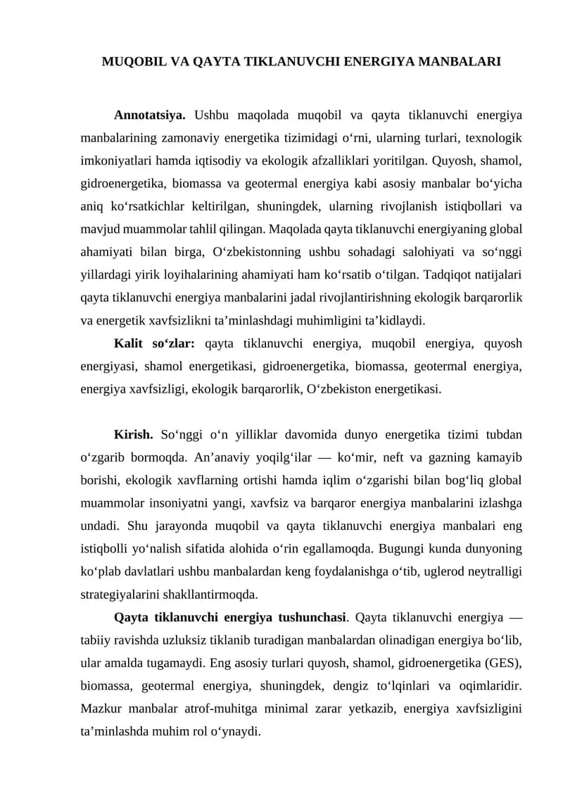 MUQOBIL VA QAYTA TIKLANUVCHI ENERGIYA MANBALARI