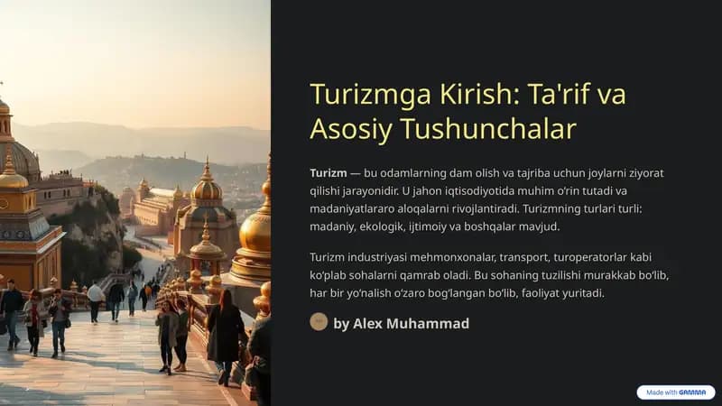 Turizmga Kirish: Ta'rif va asosiy tushunchalar