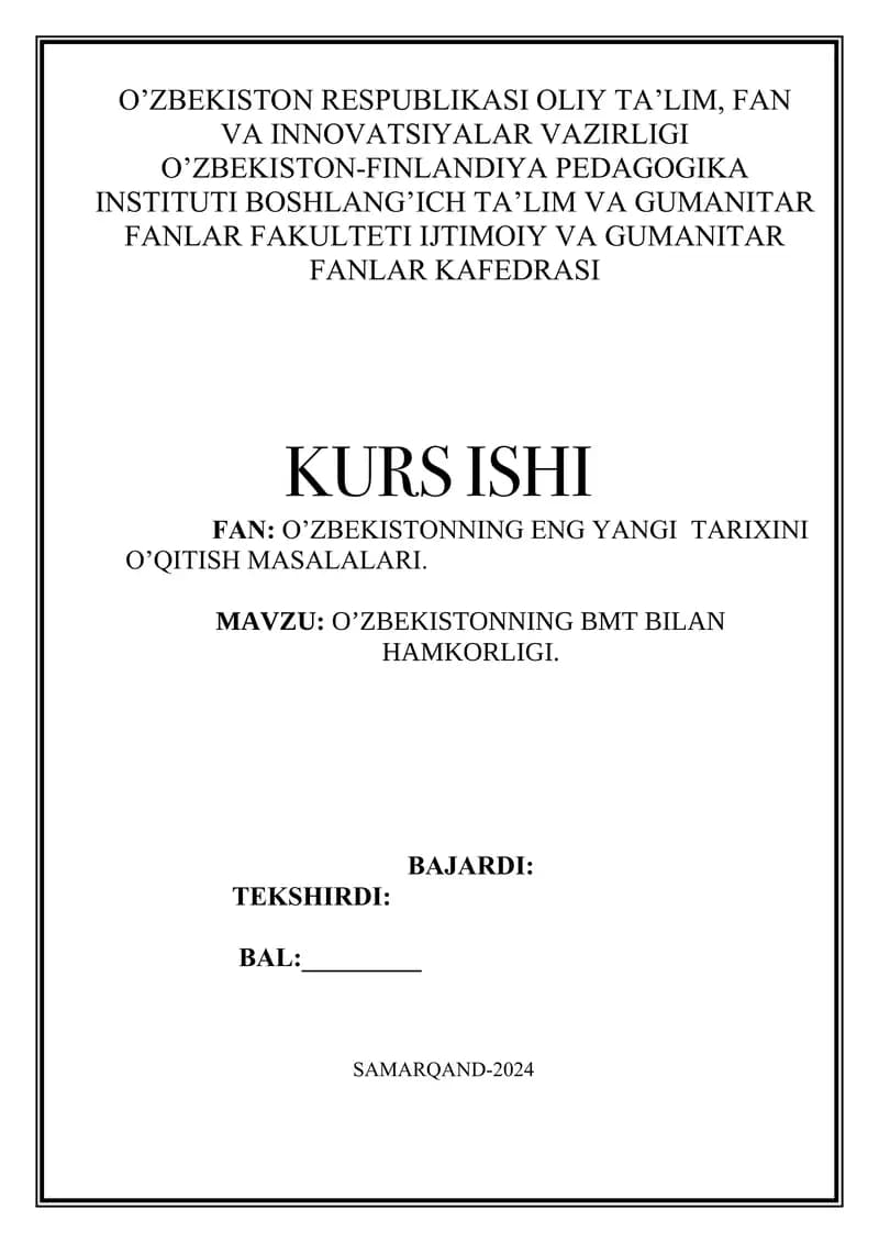 O’zbekostonning bmt bilan hamkorligi kurs ishi