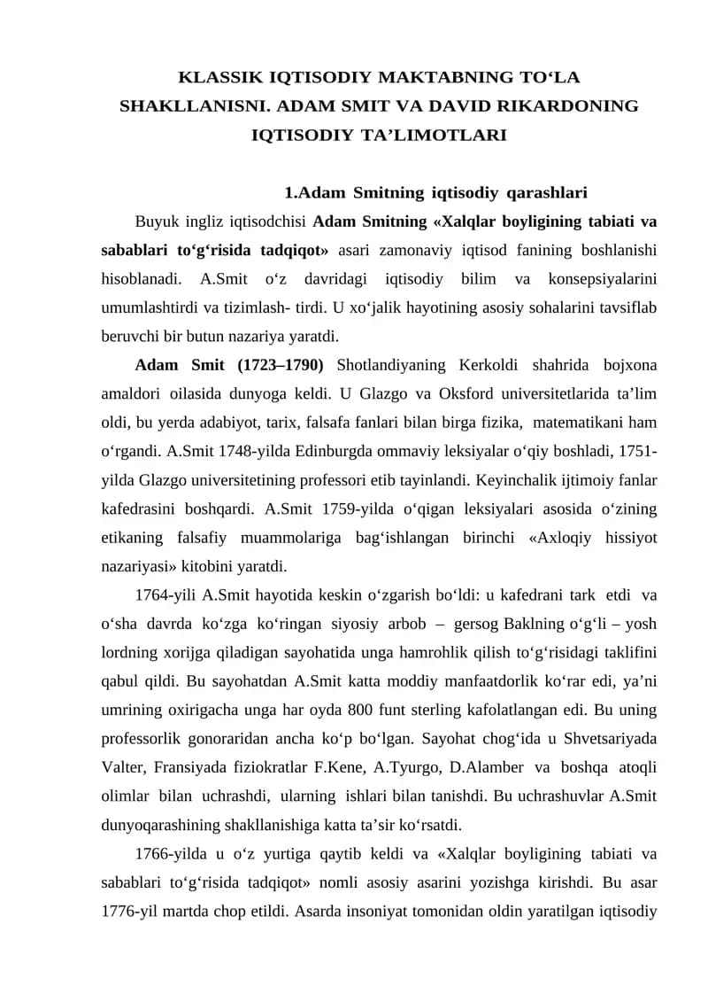 Adam Smitning iqtisodiy qarashlari