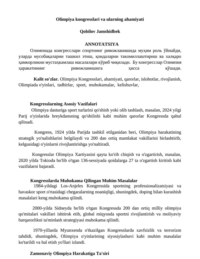 Olimpiya kongresslari va ularning ahamiyati