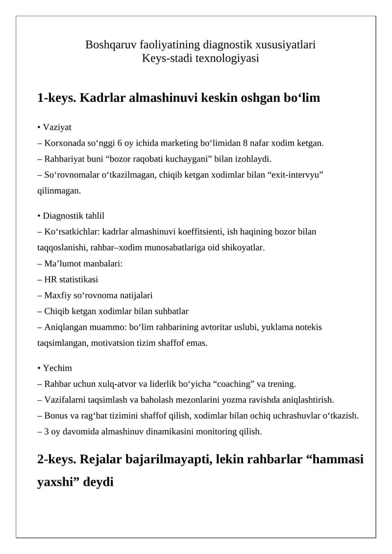 Boshqaruv faoliyatining diagnostik xususiyatlari