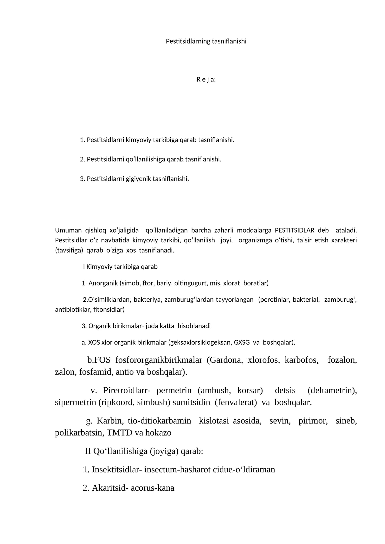 Pestitsidlarning tasniflanishi