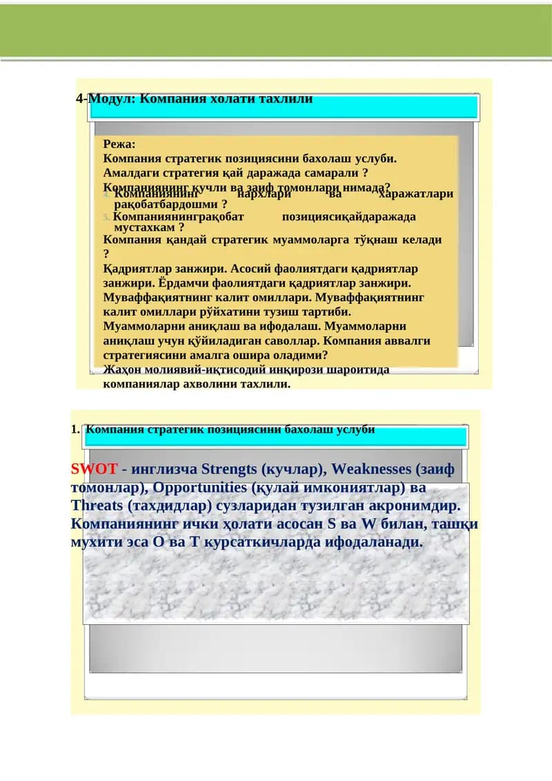 Компания стратегик позициясини бахолаш услуби