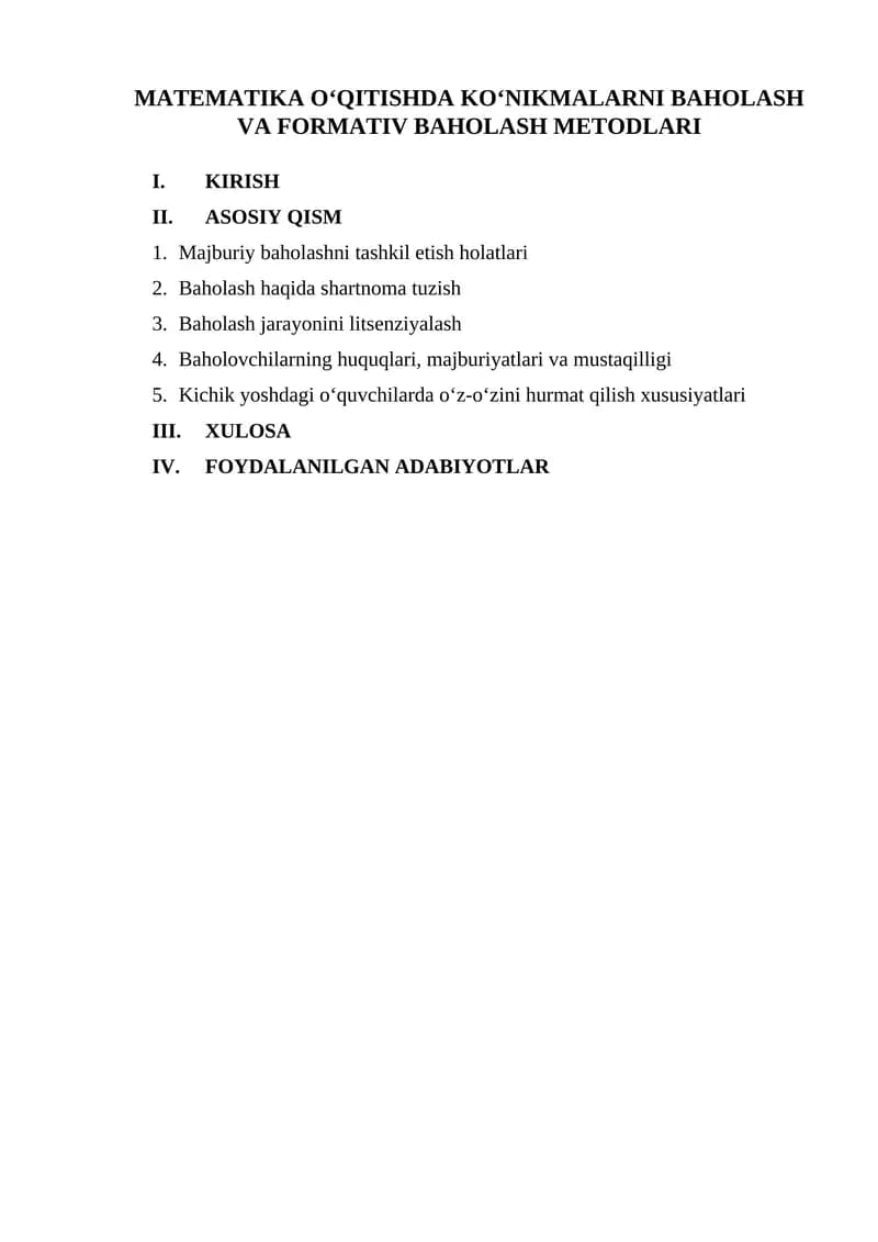 MATEMATIKA O‘QITISHDA KO‘NIKMALARNI BAHOLASH VA FORMATIV BAHOLASH METODLARI