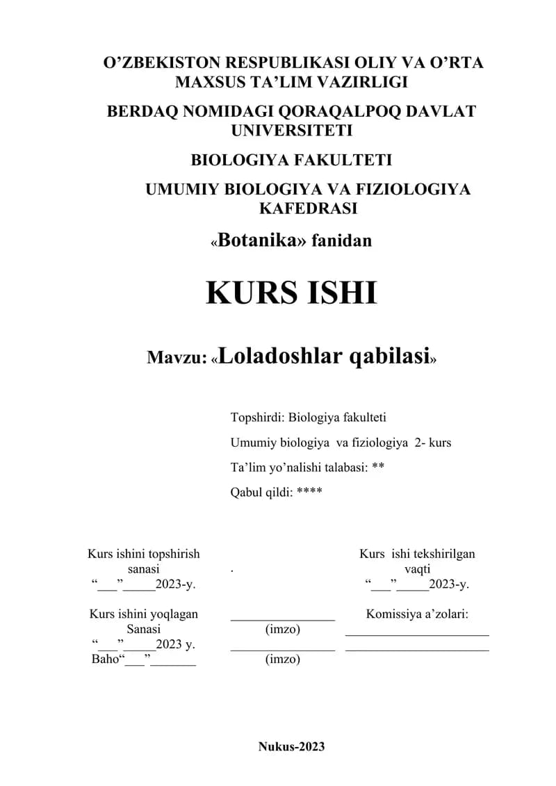 Loladoshlar oilasi kurs ishi botanika