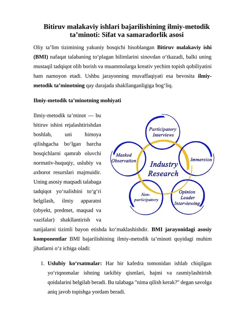 Bitiruv malakaviy ishlari bajarilishining ilmiy-metodik ta’minoti