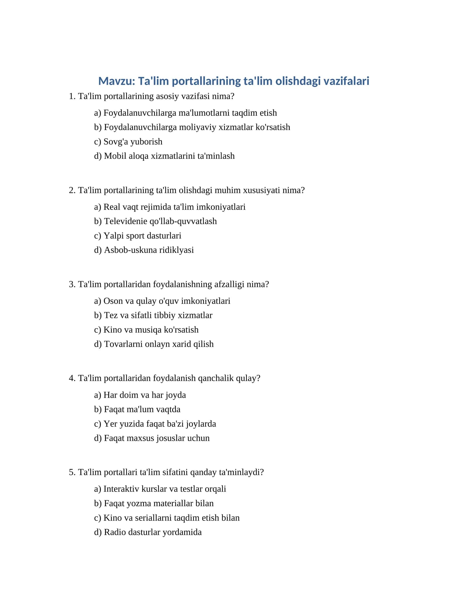 Ta'lim portallarining ta'lim olishdagi vazifalari