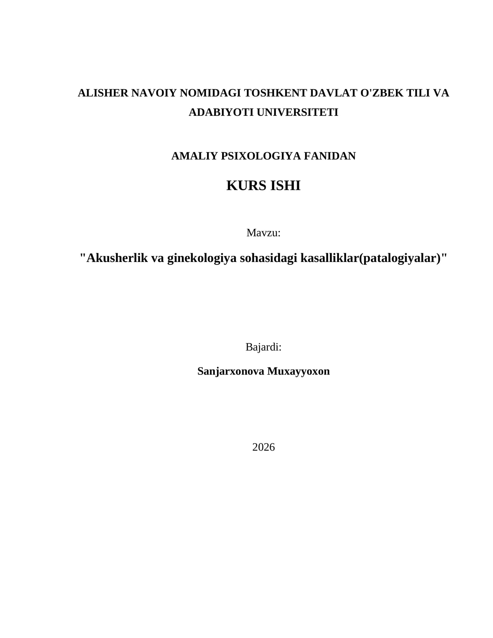 "Akusherlik va ginekologiya sohasidagi kasalliklar(patalogiyalar)"
