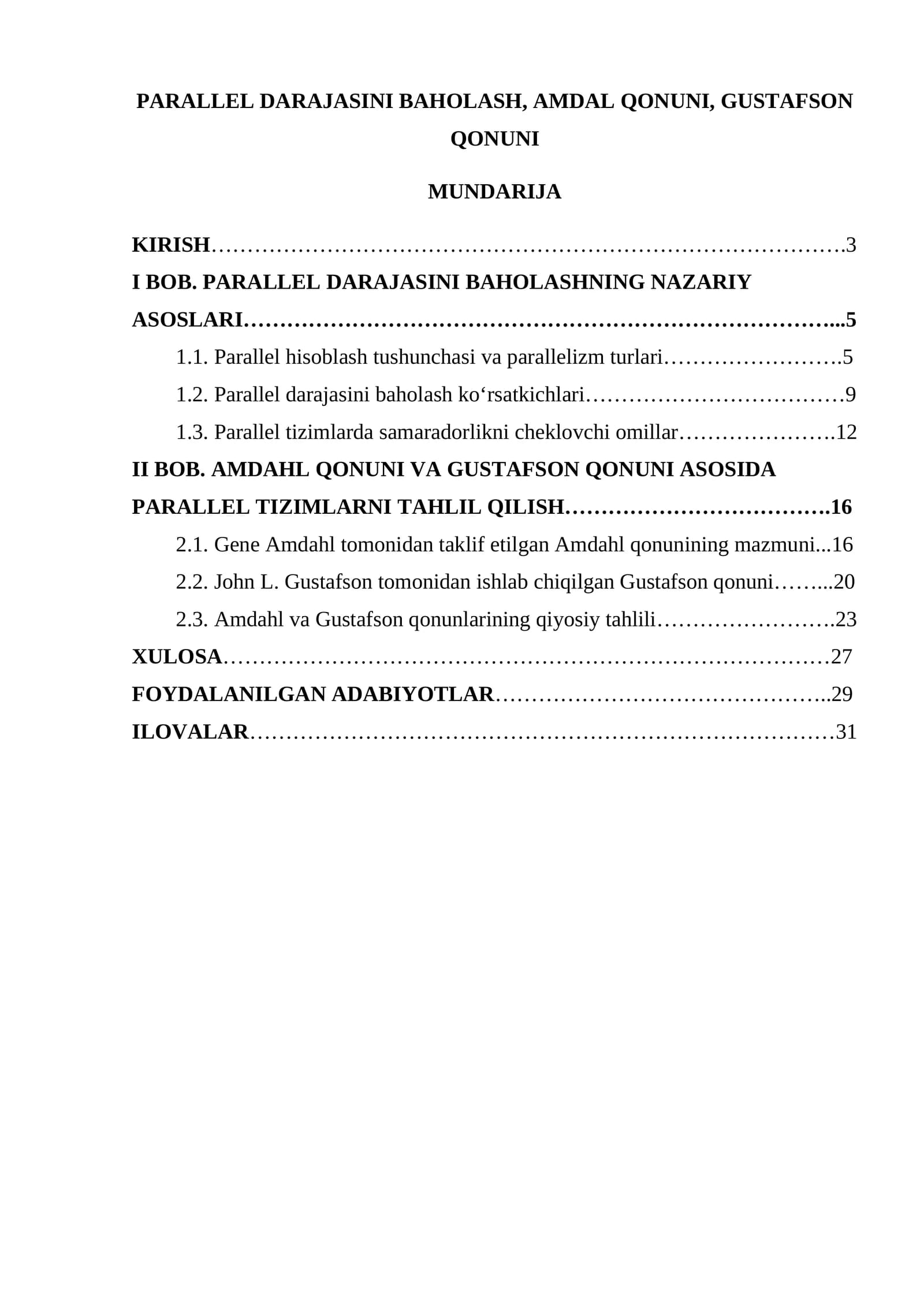 PARALLEL DARAJASINI BAHOLASH, AMDAL QONUNI, GUSTAFSON QONUNI