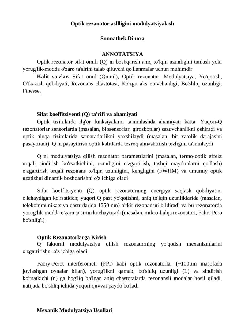 Optik rezonator asllligini modulyatsiyalash