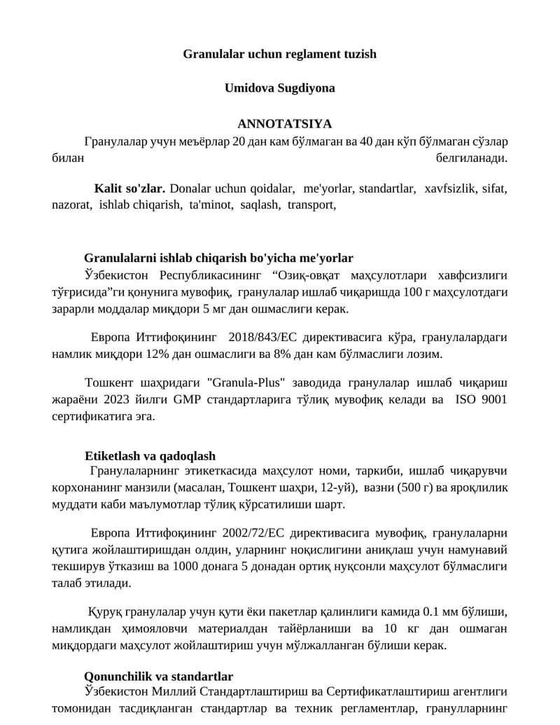 Granulalar uchun reglament tuzish