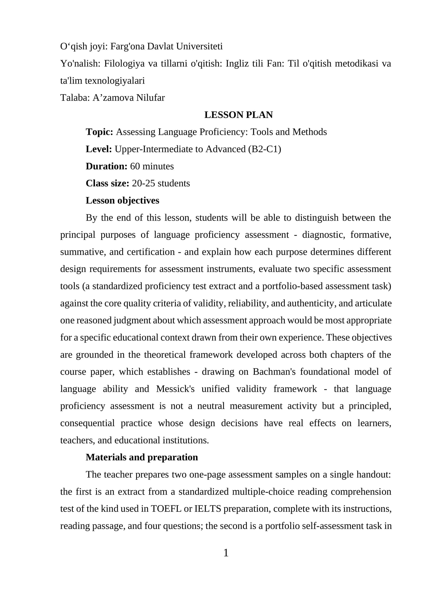Dars rejasi (LESSON PLAN)