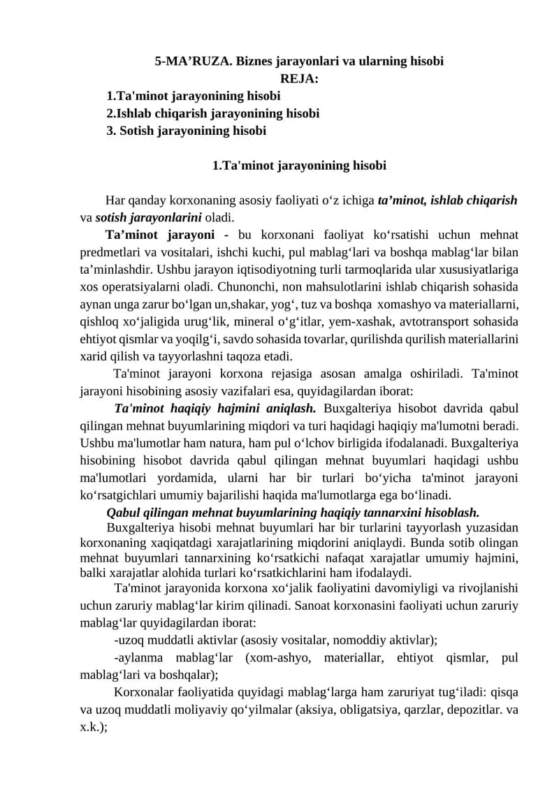 Biznes jarayonlari va ularning hisobi