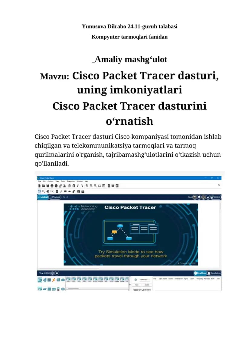 Cisco Packet Tracer dasturi, uning imkoniyatlari