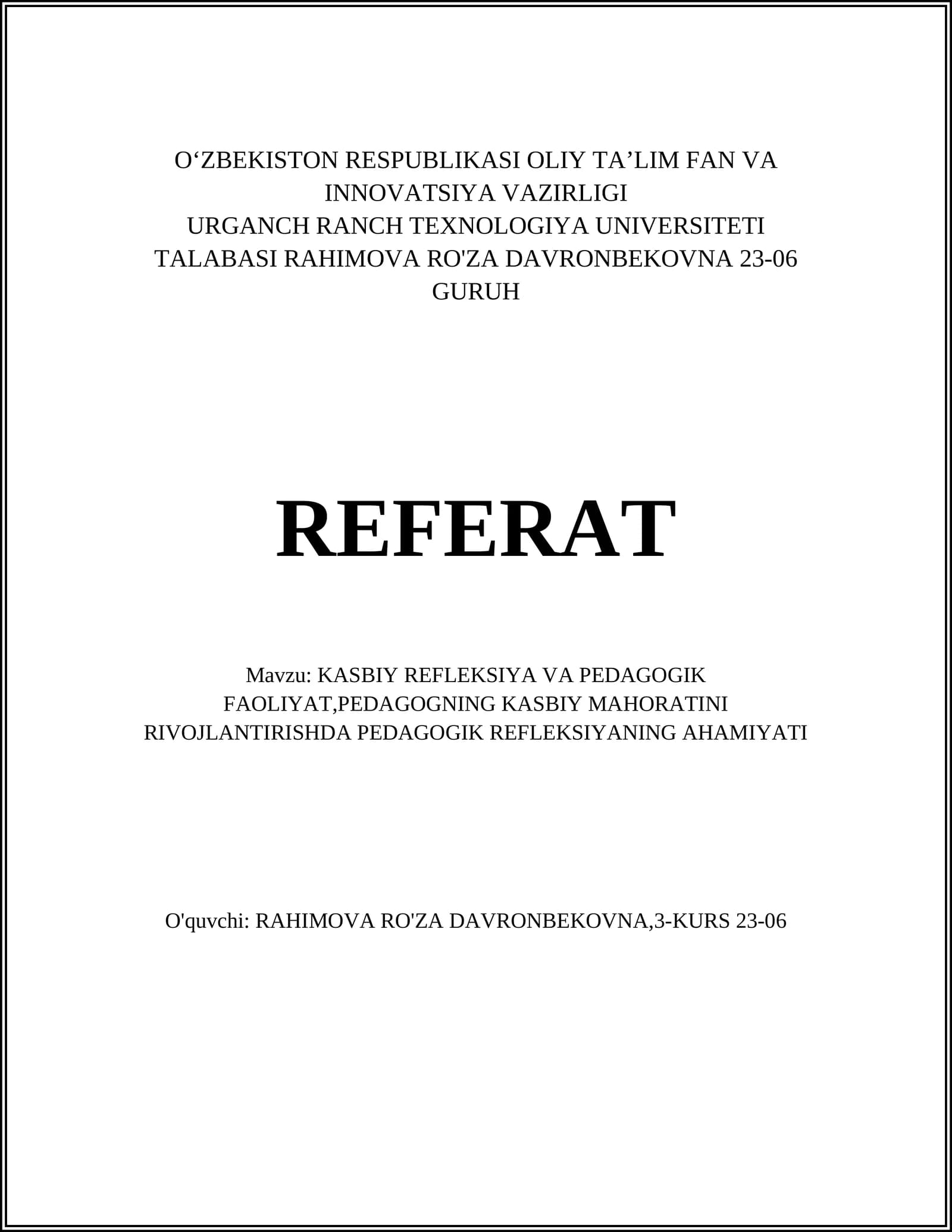 KASBIY REFLEKSIYA VA PEDAGOGIK FAOLIYAT