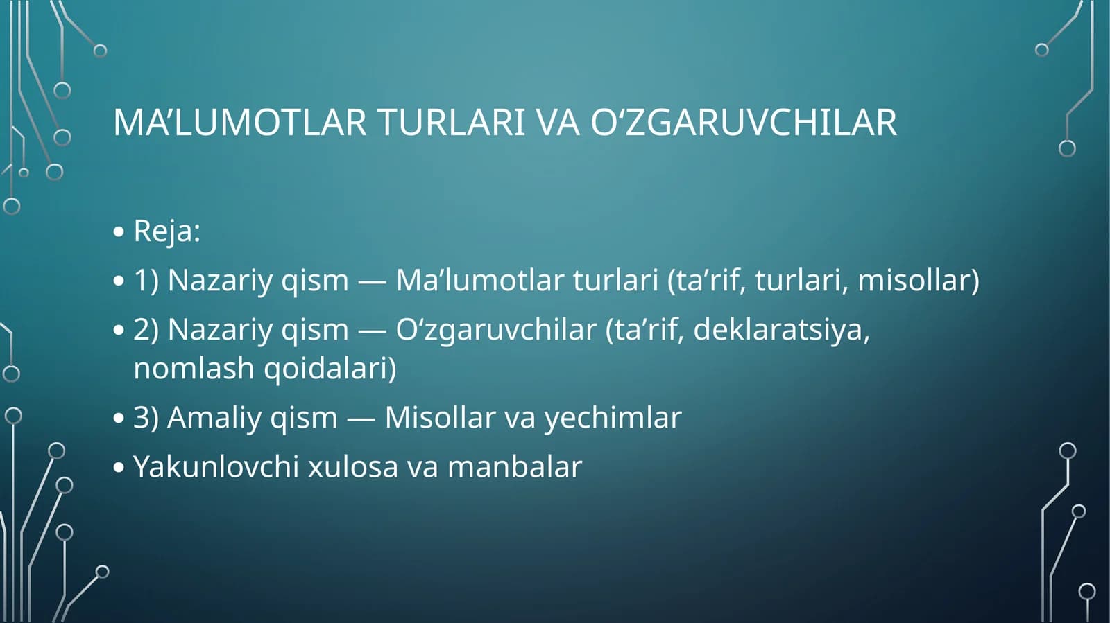 Ma'lumotlar turlari va o'zgaruvchilar