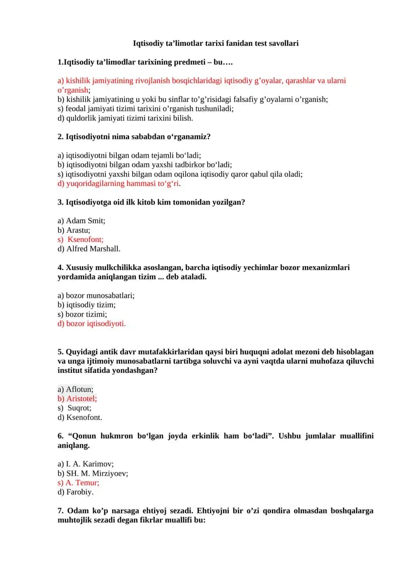 Iqtisodiy ta’limotlartarixi fanidan test savollari