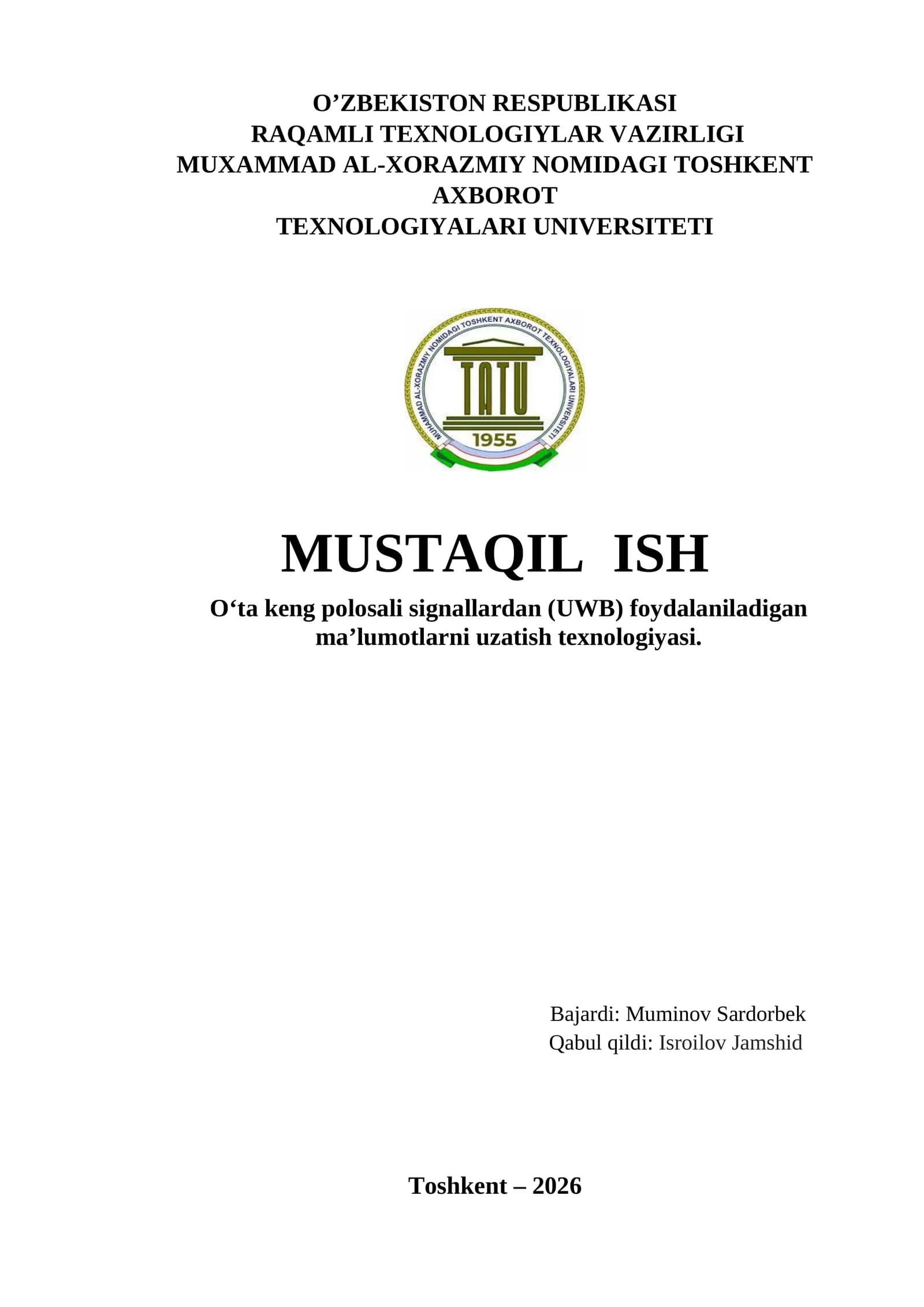 O‘ta keng polosali signallardan (UWB) foydalaniladigan ma’lumotlarni uzatish texnologiyasi