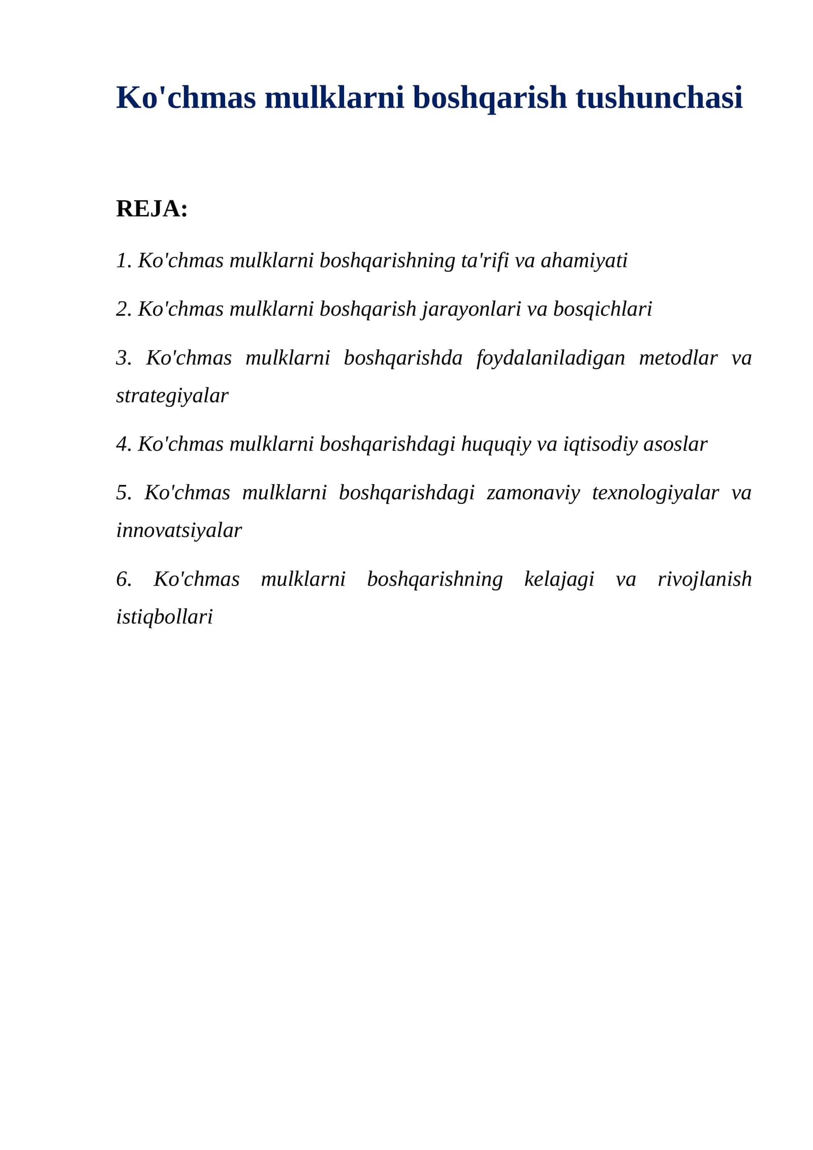Ko'chmas mulklarni boshqarish tushunchasi