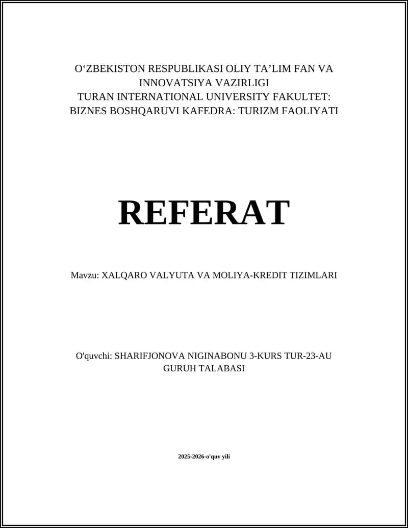 XALQARO VALYUTA VA MOLIYA-KREDIT TIZIMLARI