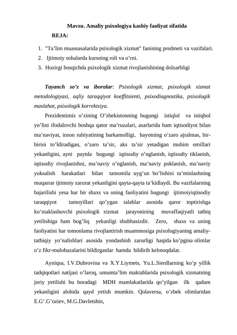 Amaliy psixologiya kasbiy faoliyat sifatida
