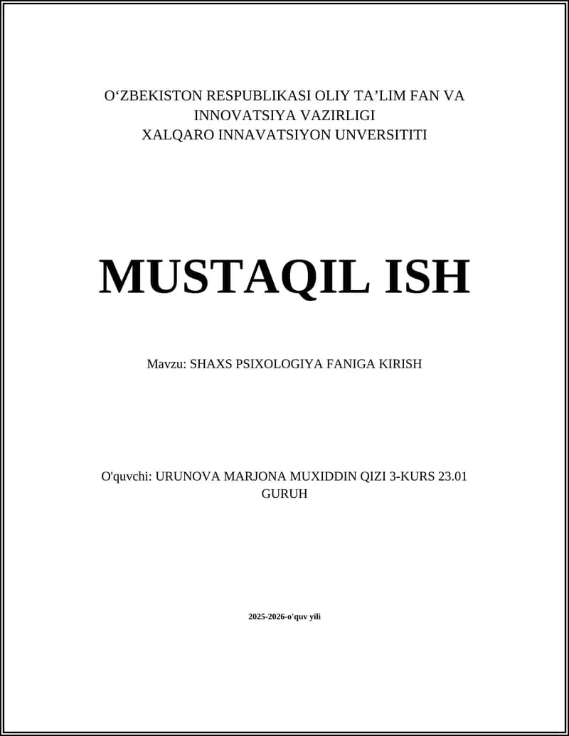 SHAXS PSIXOLOGIYA FANIGA KIRISH