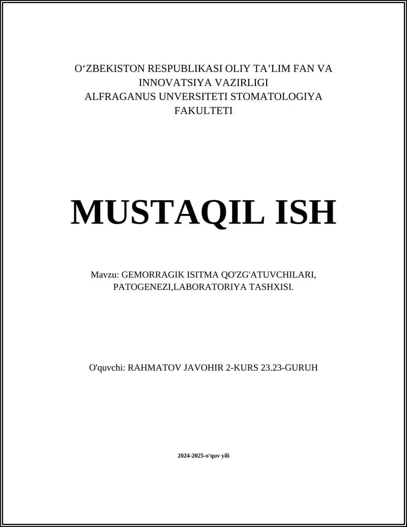 GEMORRAGIK ISITMA QO'ZG'ATUVCHILARI, PATOGENEZI,LABORATORIYA TASHXISI