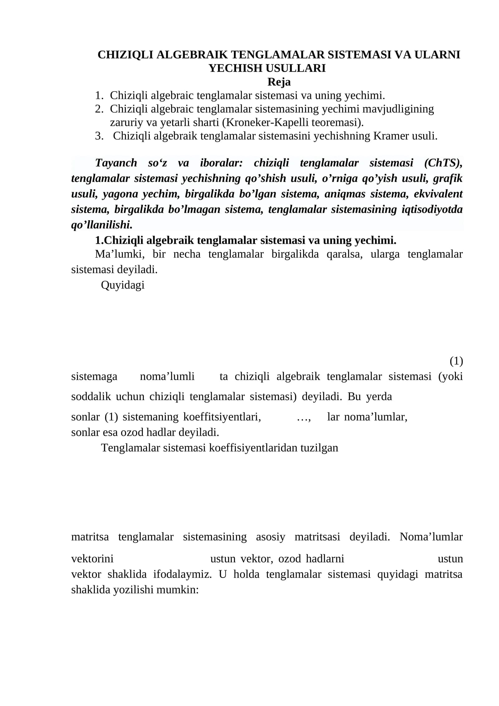 Chiziqli Algebraik Tenglamalar Sistemi va Ularni Yechish Usullari