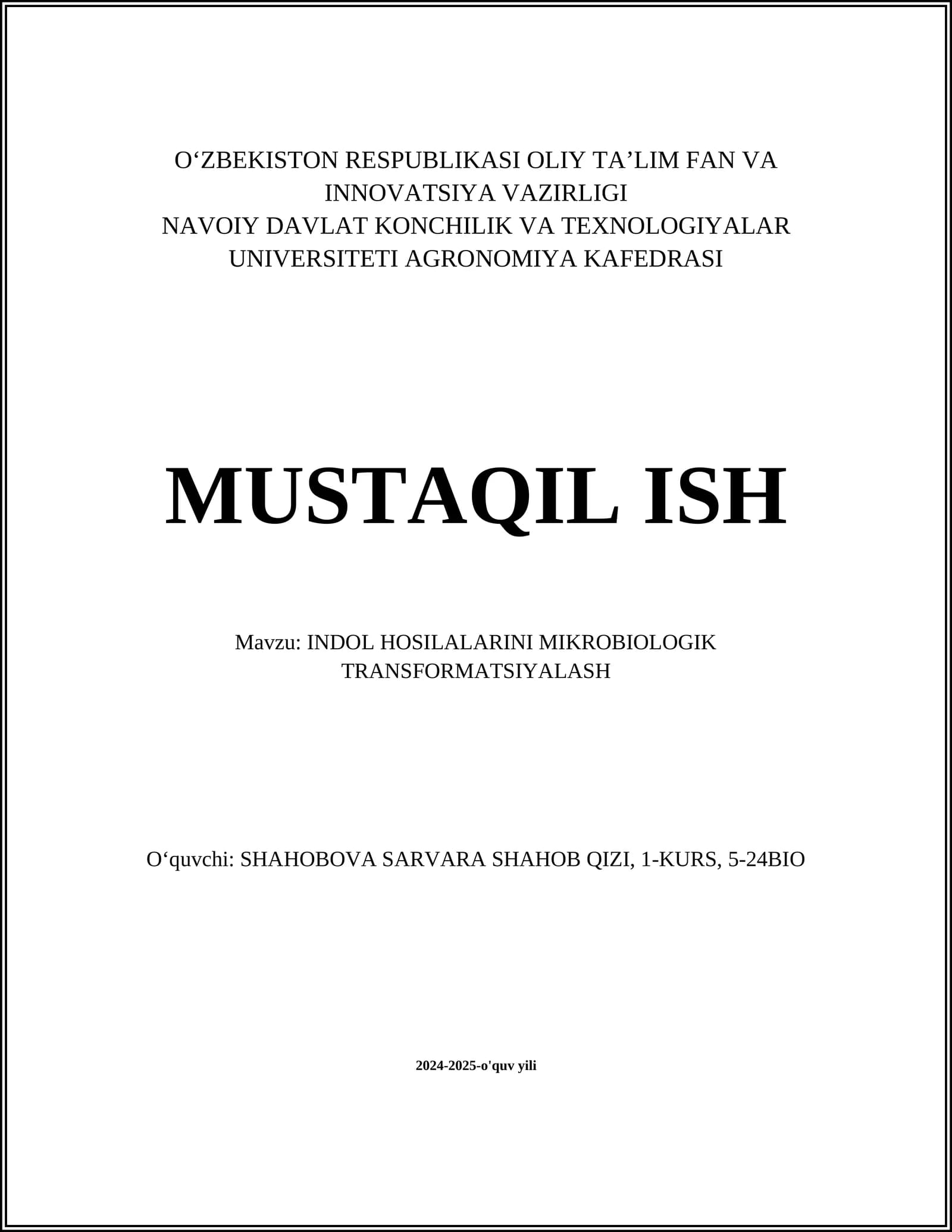INDOL HOSILALARINI MIKROBIOLOGIK TRANSFORMATSIYALASH