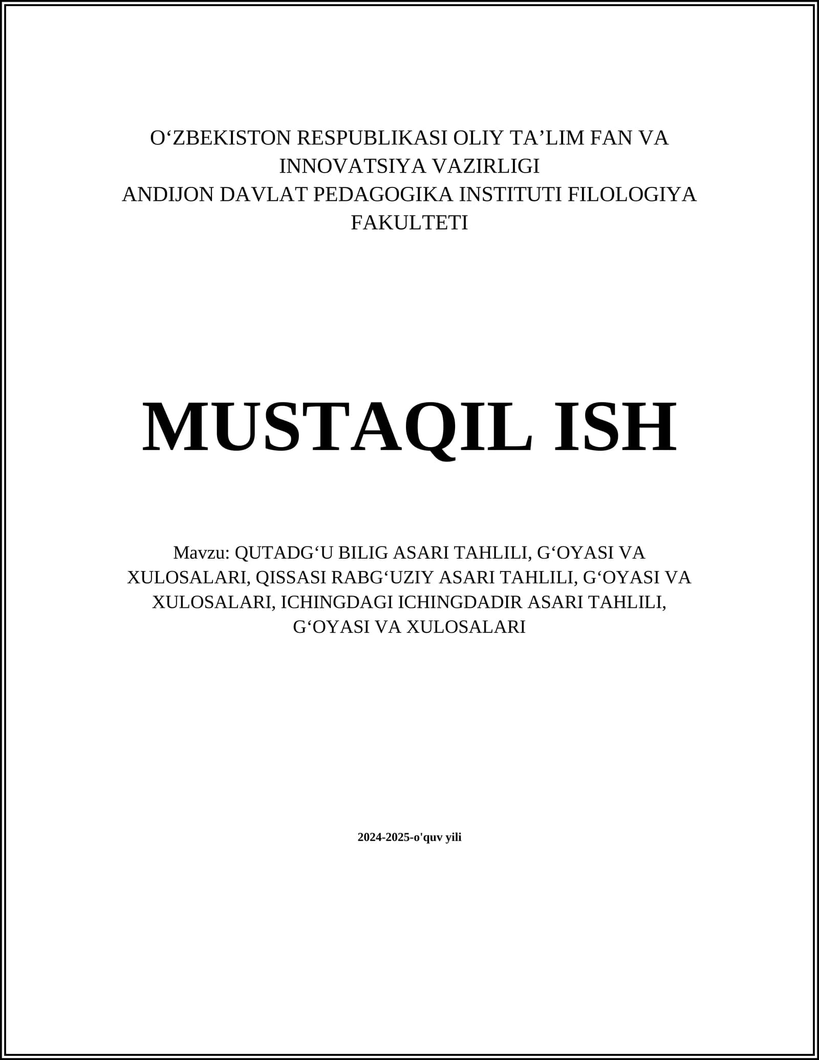 QUTADGʻU BILIG ASARI TAHLILI