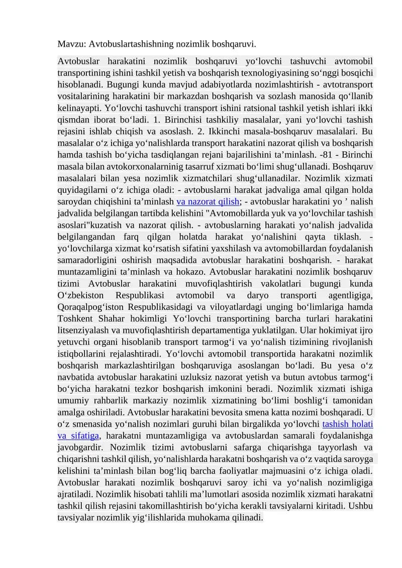 Avtobuslartashishning nozimlik boshqaruvi