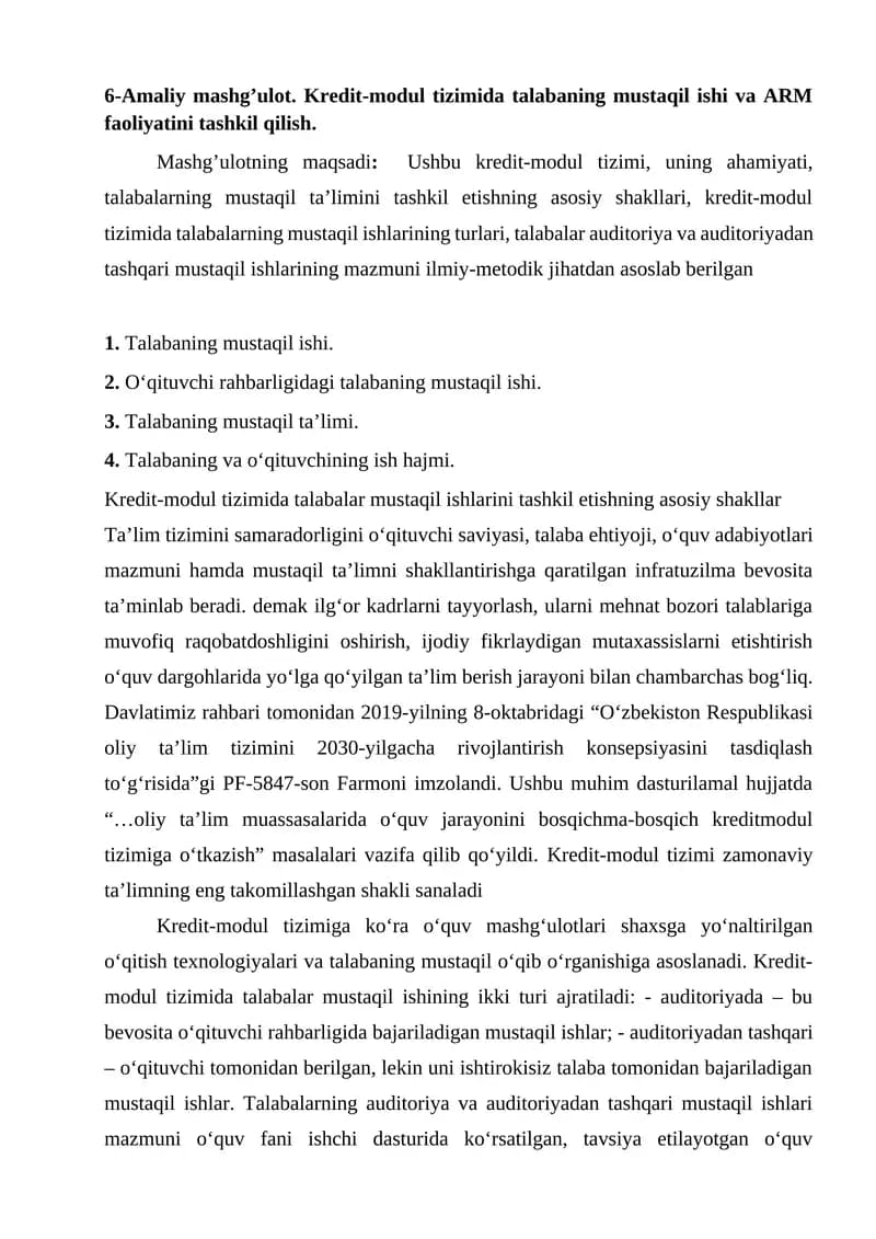 Kredit-modul tizimi va talabaning mustaqil ishi