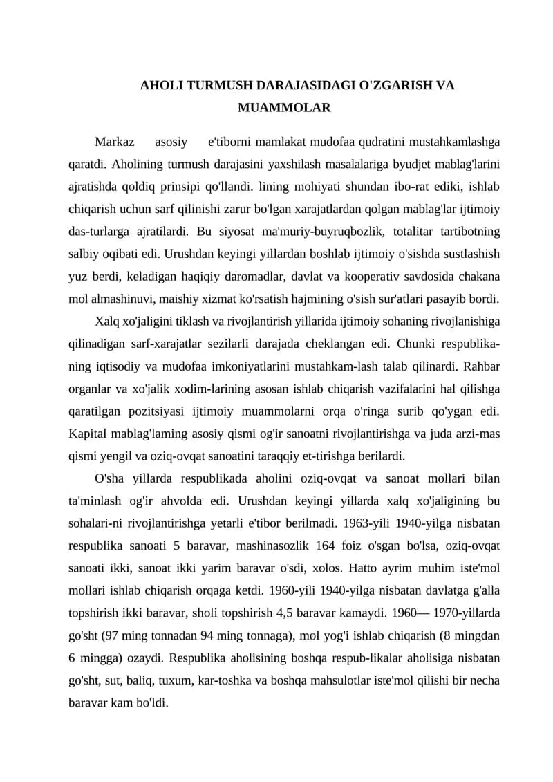 AHOLI TURMUSH DARAJASIDAGI O'ZGARISH VA MUAMMOLAR