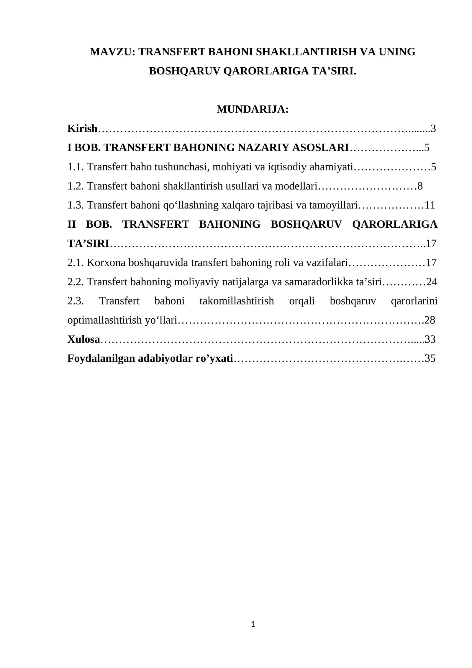 TRANSFERT BAHONI SHAKLLANTIRISH VA UNING BOSHQARUV QARORLARIGA TA’SIRI