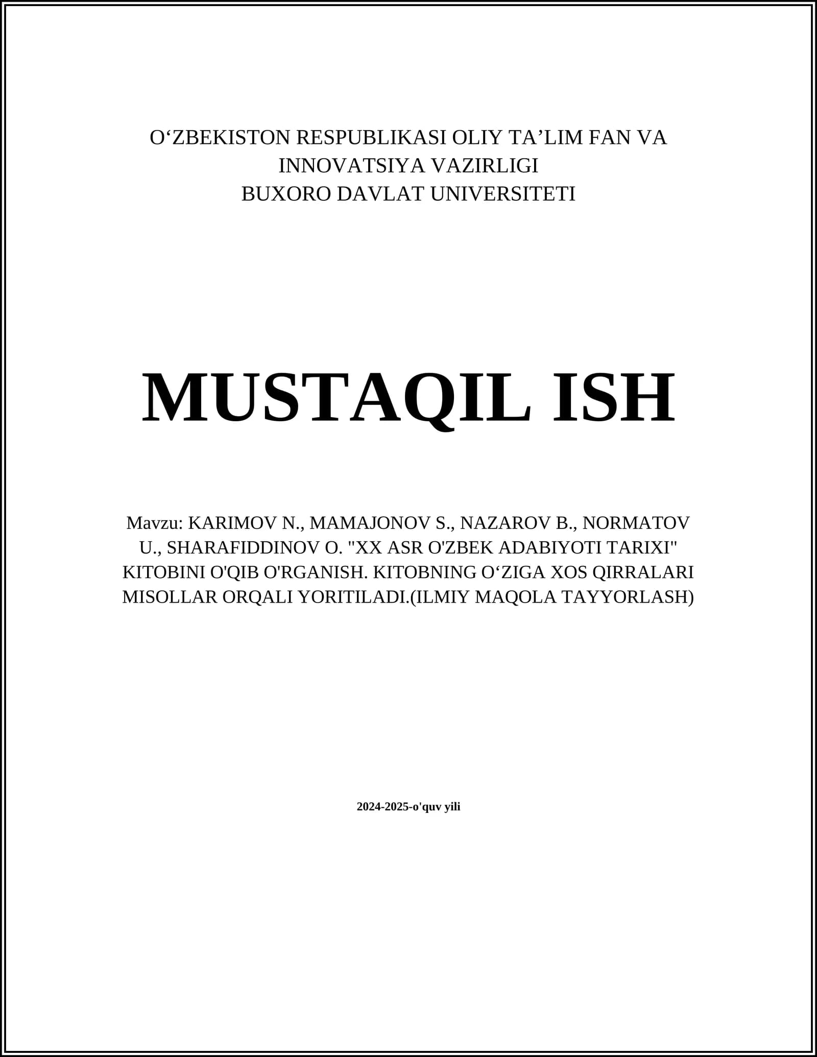 XX ASR O'ZBEK ADABIYOTI TARIXI