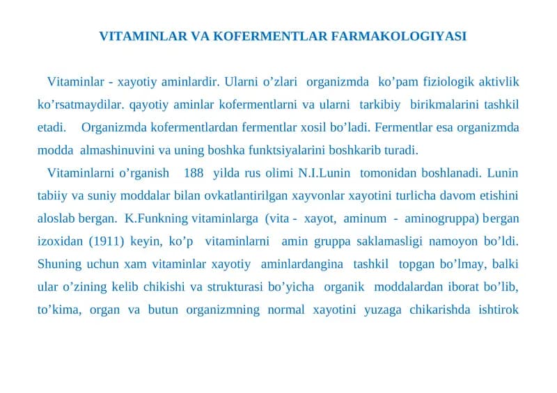 VITAMINLAR VA KOFERMENTLAR FARMAKOLOGIYASI