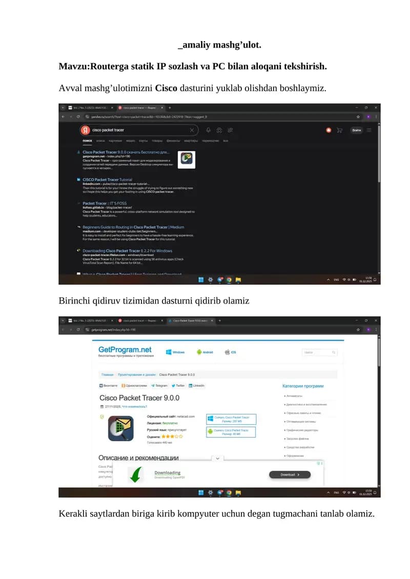 Routerga Statik IP Sozlash va PC bilan aloqani tekshirish